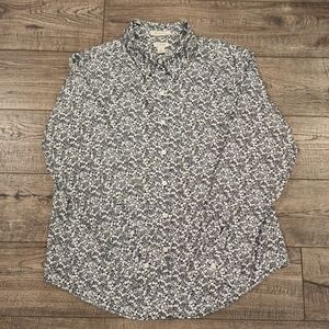 LL Bean Women Wrinkle Free Button Down Shirt Black/White Floral Print Size M PET